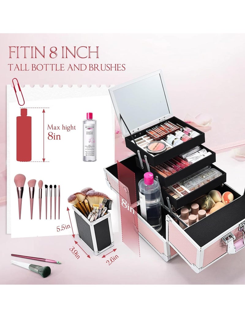 Joligrace - Makeup Train Case Cosmetic Box Jewelry Organizer Professional Three Tiers Trays with Mirror and Brush Holder Lockable Key Portable Travel Mermaid Pink - Image 1