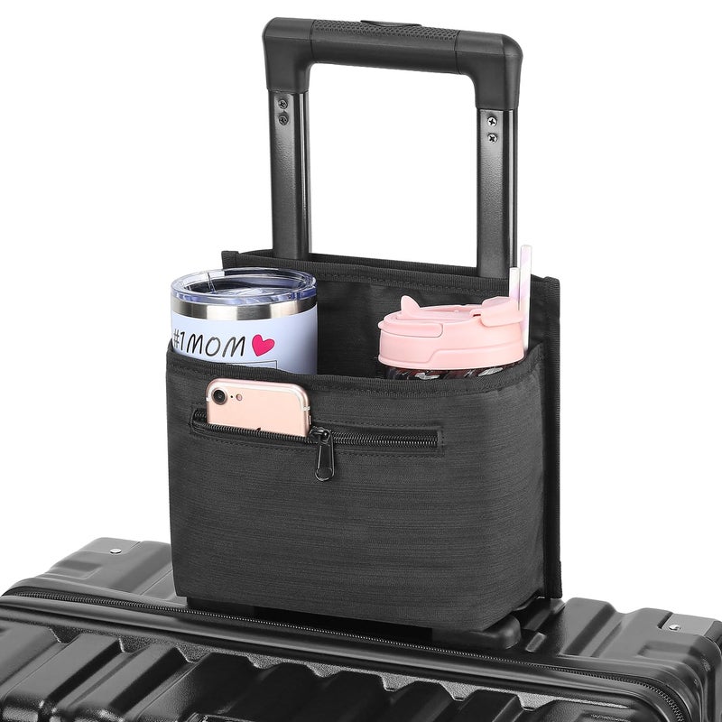ZHCHG Luggage Travel Cup Holder Attachment for Suitcase Drink Carrier Caddy, Coffee Mug and Tumblers, Traveler Carry on Hands Free Accessory- Gifts for Flight Attendants Travelers Accessories- Black - Image 1