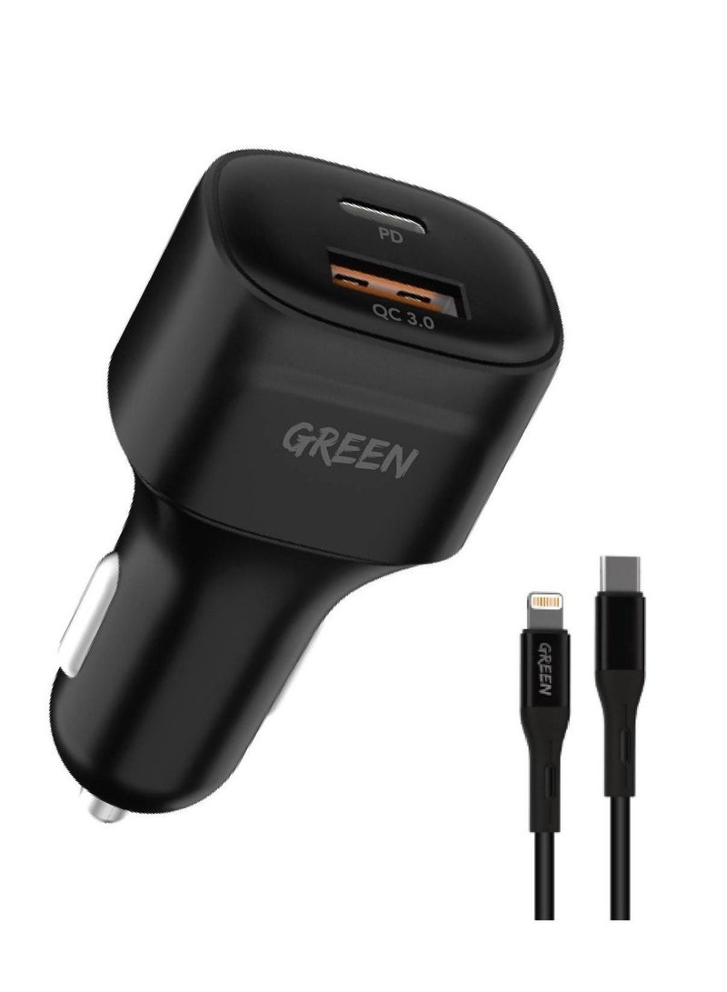 Green Car Charger Dual Port Car Charger 20W with Type-C to Lightning Cable - Image 1