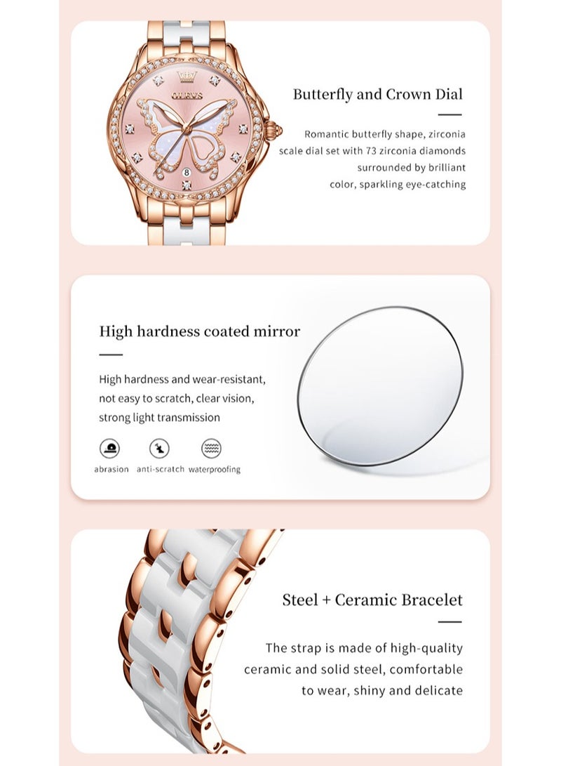 أوليفز ساعة كوارتز نسائية، مقاومة للماء مع إطار مزخرف بشكل بتلات مرصعة بالألماس، قرص على شكل فراشة، حزام من الفولاذ المقاوم للصدأ والسيراميك، زجاج عالي الصلابة مقاوم للخدوش - Image 2