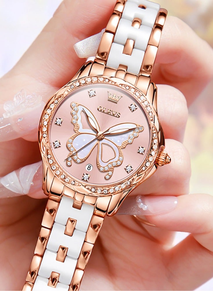 أوليفز ساعة كوارتز نسائية، مقاومة للماء مع إطار مزخرف بشكل بتلات مرصعة بالألماس، قرص على شكل فراشة، حزام من الفولاذ المقاوم للصدأ والسيراميك، زجاج عالي الصلابة مقاوم للخدوش - Image 1