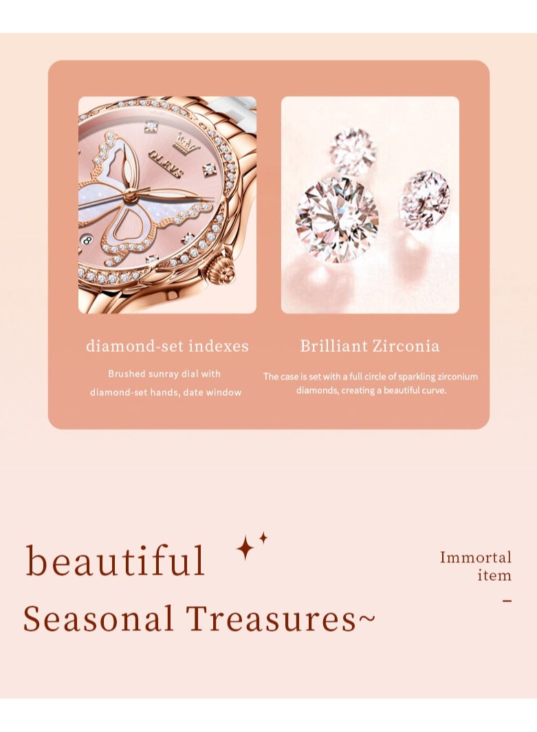 أوليفز ساعة كوارتز نسائية، مقاومة للماء مع إطار مزخرف بشكل بتلات مرصعة بالألماس، قرص على شكل فراشة، حزام من الفولاذ المقاوم للصدأ والسيراميك، زجاج عالي الصلابة مقاوم للخدوش - Image 5