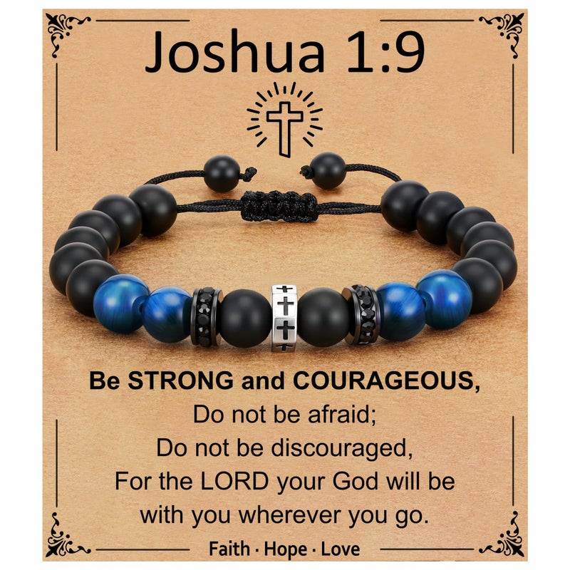 Esrial To Mens Gifts Cross Bracelet for Boys Son Grandson Brother Nephew, Cross Beads Bracelet Christian Easter Birthday Christmas Gifts for Grandkids Teen Boys (Joshua 1:9) - Image 1