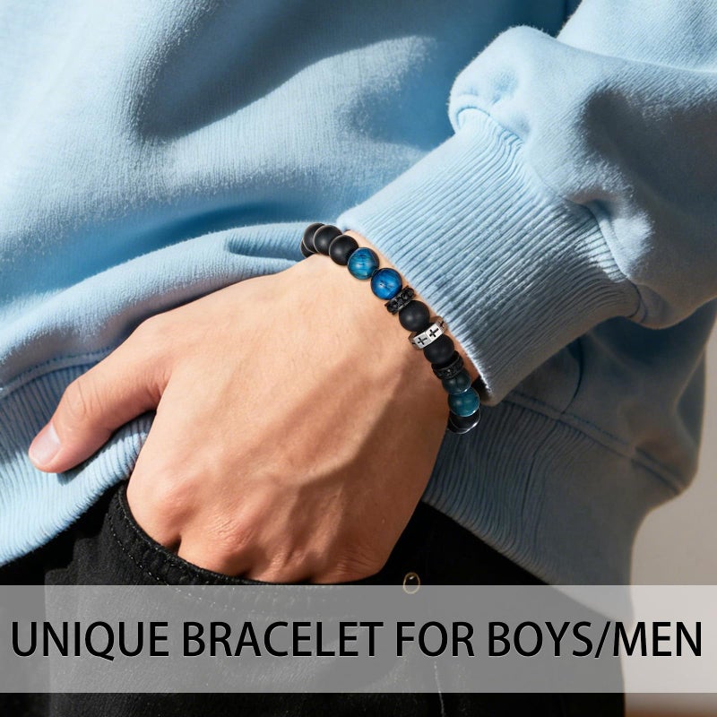 Esrial To Mens Gifts Cross Bracelet for Boys Son Grandson Brother Nephew, Cross Beads Bracelet Christian Easter Birthday Christmas Gifts for Grandkids Teen Boys (Joshua 1:9) - Image 2