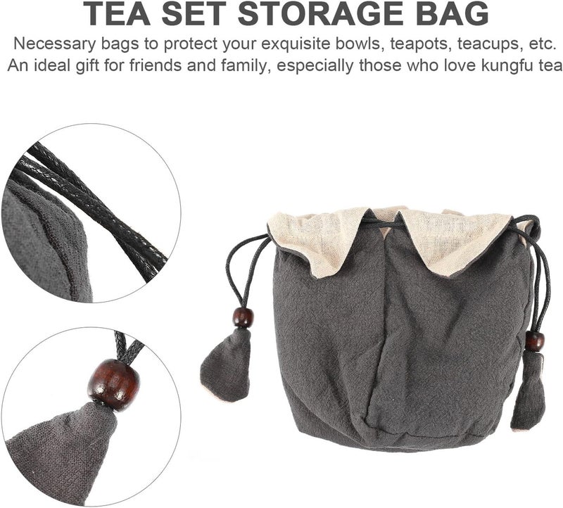 LABRIMP Portable Cotton Linen Teaware Bag with Drawstring, Gray Tea Set Storage Pouch for Travel and Kung Fu Tea, Lightweight Teapot Carrying Case - Image 3