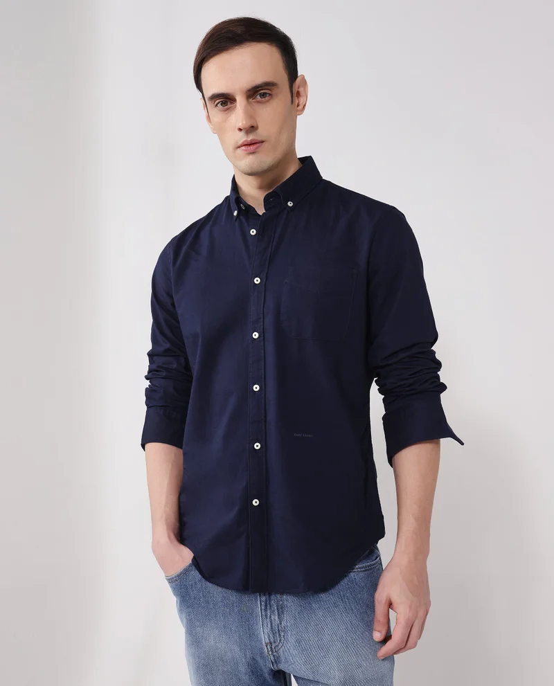 Rare Rabbit Rare Rabbit Men's Auxfo Navy Cotton Fabric Full Sleeves Solid Shirt