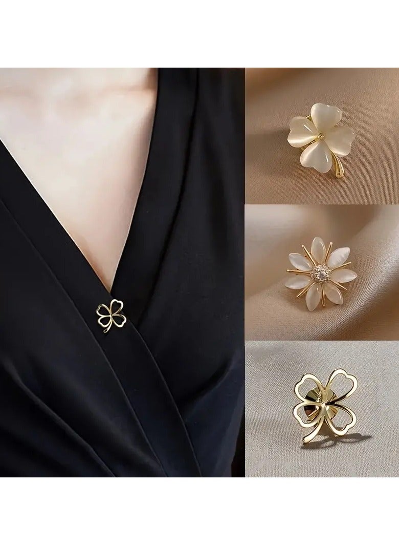 Goolsky 3pcs set of Women's fashionable flower brooches, cat's eye stone metal collar pin, Women's cute shirt imitation see-through pin - Image 1