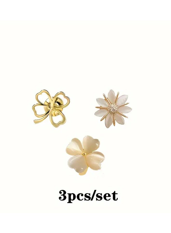 Goolsky 3pcs set of Women's fashionable flower brooches, cat's eye stone metal collar pin, Women's cute shirt imitation see-through pin - Image 2