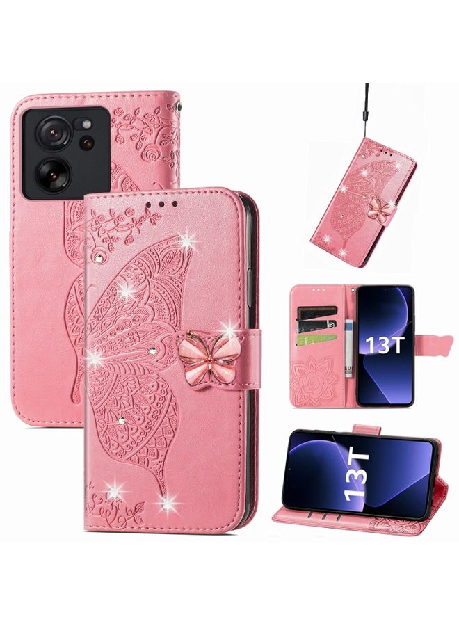 Case Cover For Xiaomi 13T / 13T Pro Rhinestones Butterfly Love Flower Embossed Leather Phone Case Pink