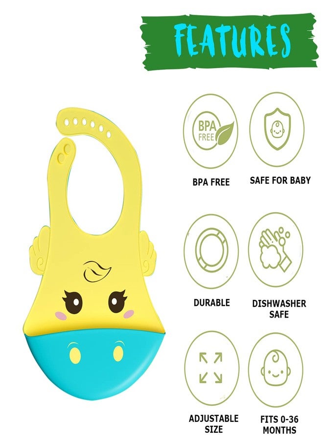 GUCHIGU Waterproof Silicone Baby Bib for Feeding Babies and Toddlers, Unisex Set of 2 Silicon Baby Feeding Bibs for Infants and Toddlers 4M to 4Yr Cute Printing with Rice Pocket (Yellow, Set of 1) - Image 2