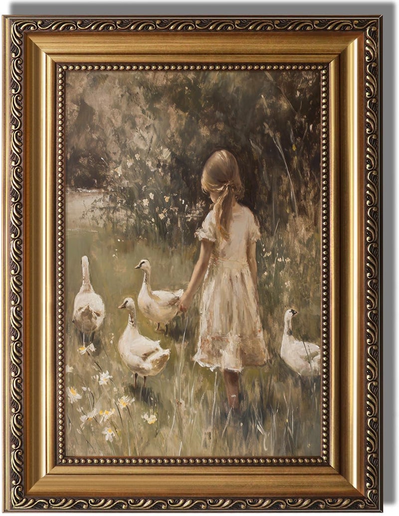 KBKBART Vintage Framed Wall Art for Living Room Farmhouse Decor Goose Girl Easter Canvas Oil Painting Prints for Wall Decor Classical Cottagecore Wall Decor Moody Antique Nature Art Print for Bedroom Bathroom Wall Pictures Artwork 12x 16 - Image 2