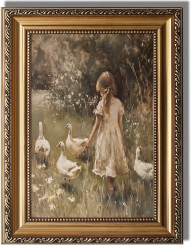 KBKBART Vintage Framed Wall Art for Living Room Farmhouse Decor Goose Girl Easter Canvas Oil Painting Prints for Wall Decor Classical Cottagecore Wall Decor Moody Antique Nature Art Print for Bedroom Bathroom Wall Pictures Artwork 12x 16 - Image 1
