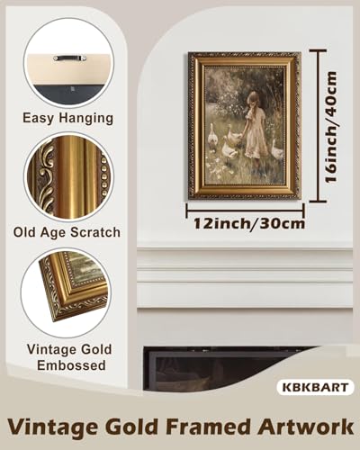 KBKBART Vintage Framed Wall Art for Living Room Farmhouse Decor Goose Girl Easter Canvas Oil Painting Prints for Wall Decor Classical Cottagecore Wall Decor Moody Antique Nature Art Print for Bedroom Bathroom Wall Pictures Artwork 12x 16 - Image 3