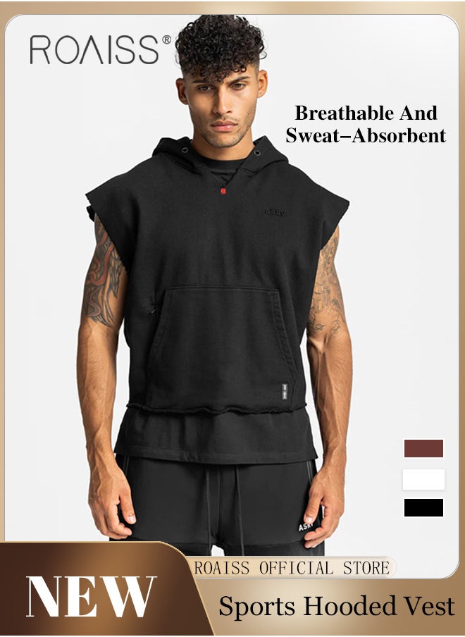 roaiss - Sleeveless Running Jacket Gym Hooded Shirt Men's Sport Bodybuilding Workout Clothing Jackets Exercise Training Fitness Hoodies - Image 1