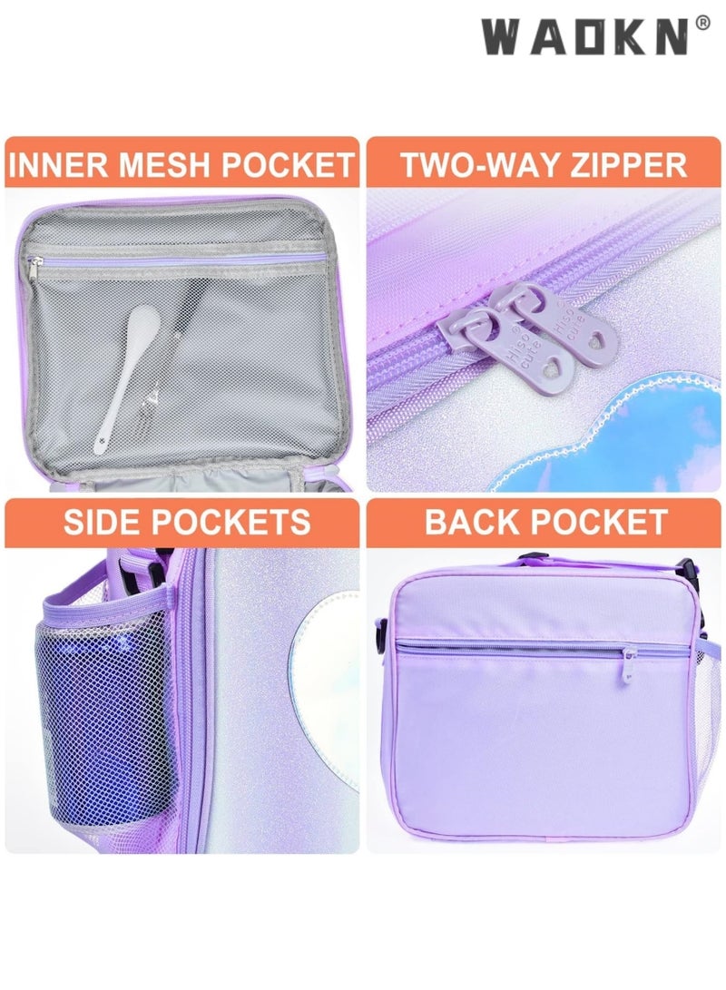 WAOKN Children's Lunch Box, Rainbow Laser Tote Leakproof Insulated Lunch Bag Reusable Insulated Bento Bag Picnic Ice Bag Girls Simple Shoulder Bag for School and Outdoor Backpack (Purple)  - Image 4