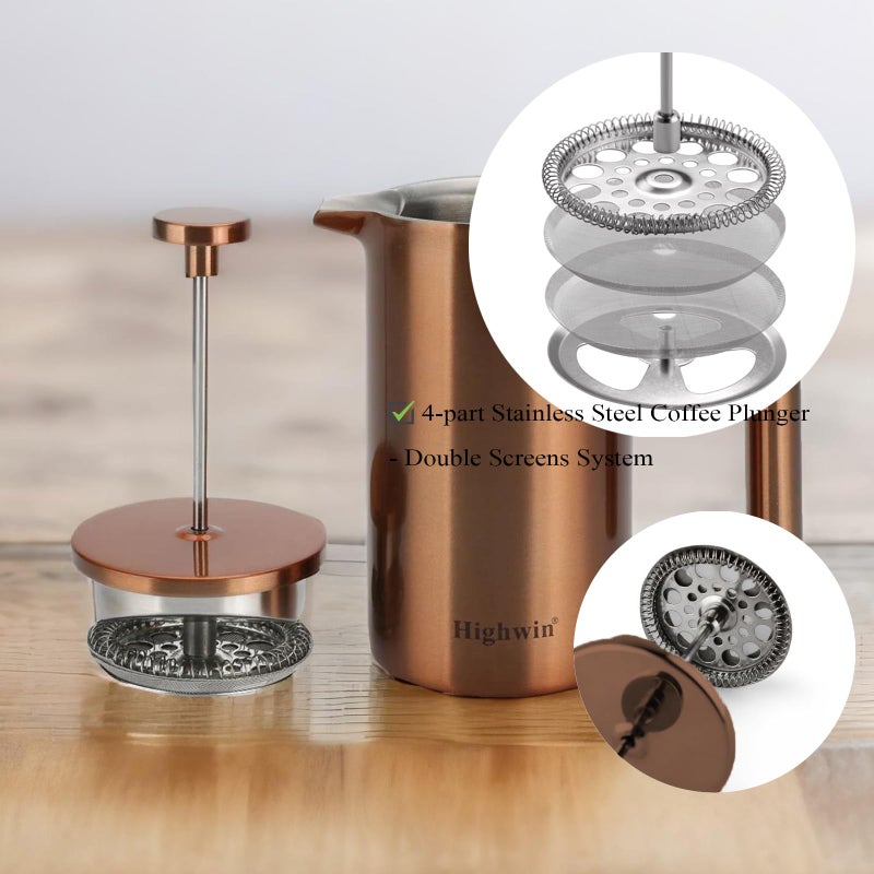 Highwin 8-Cup Double Wall Insulated Stainless Steel French Coffee Press, 32-Ounce Durable Coffee Tea Maker with Stainless Steel Plunger, Copper - Image 3
