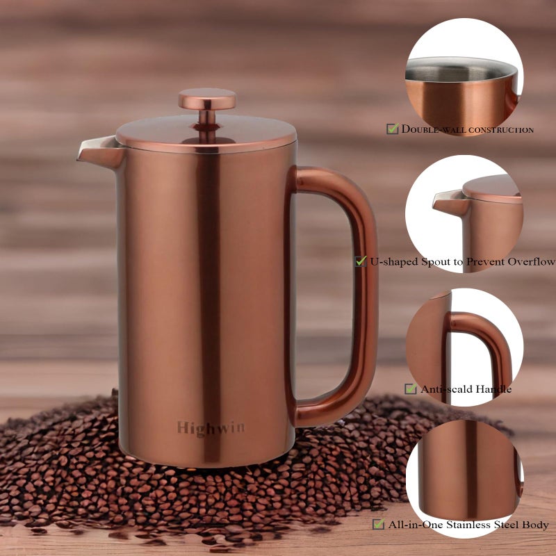 Highwin 8-Cup Double Wall Insulated Stainless Steel French Coffee Press, 32-Ounce Durable Coffee Tea Maker with Stainless Steel Plunger, Copper - Image 2