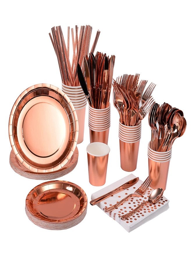 YAOSHENG 200 Pieces Solid Rose Gold Party Supplies - Rose Gold Paper Plates & Napkins Cups Silverware Serves 25 Sets for Wedding Bridal Shower Engagement Birthday Parties (Rose gold) - Image 1