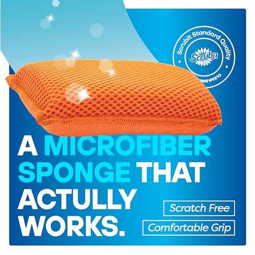 SCRUBIT Reusable Sponges for Dishes - 12 Pack Microfiber Sponges Kitchen Dish Scrubber, Machine Washable & Non-Scratch Scrubbers (Orange) - Image 5