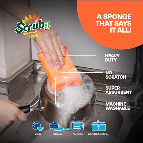 SCRUBIT Reusable Sponges for Dishes - 12 Pack Microfiber Sponges Kitchen Dish Scrubber, Machine Washable & Non-Scratch Scrubbers (Orange) - Image 3