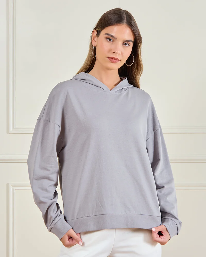 Redtag Women Grey Hooded Sweatshirt