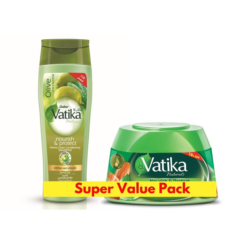 Vatika Naturals Nourish & Protect Shampoo + Vatika Naturals Nourish & Protect Styling Hair Cream Value Pack | Henna, Almond & Aloe Vera Extracts - 360 ml + 140 ml