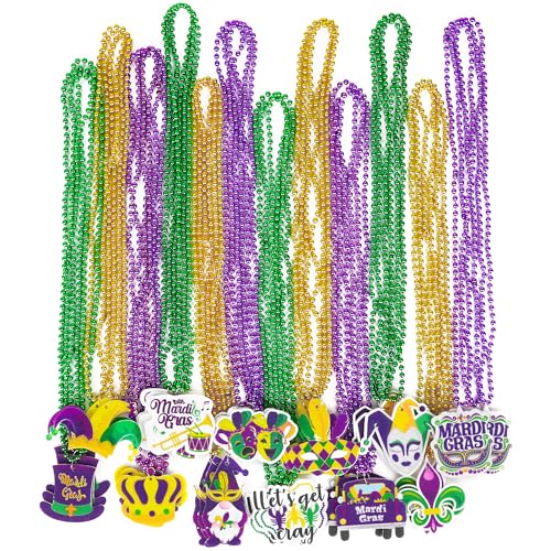 EOBOH 36PCS Mardi Gras Beads 12 Kinds Metallic Pendant Necklaces Gold Green Purple Unisex 33 Inch Fashion Jewelry - Image 1
