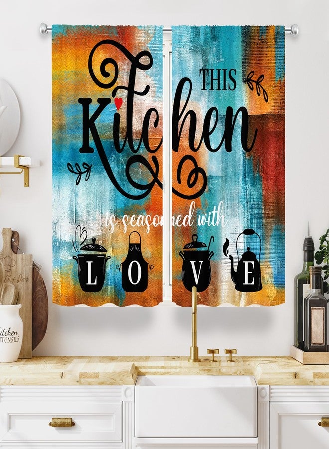 MESHELLY Brown Blue Abstract Kitchen Curtains 27.5Wx39H Inch Rod Pocket Rust Burnt Orange Teal Quotes Modern Contemporary Bedroom Window Drapes Neutral Painting Printed Living Room Window Treatment - Image 5
