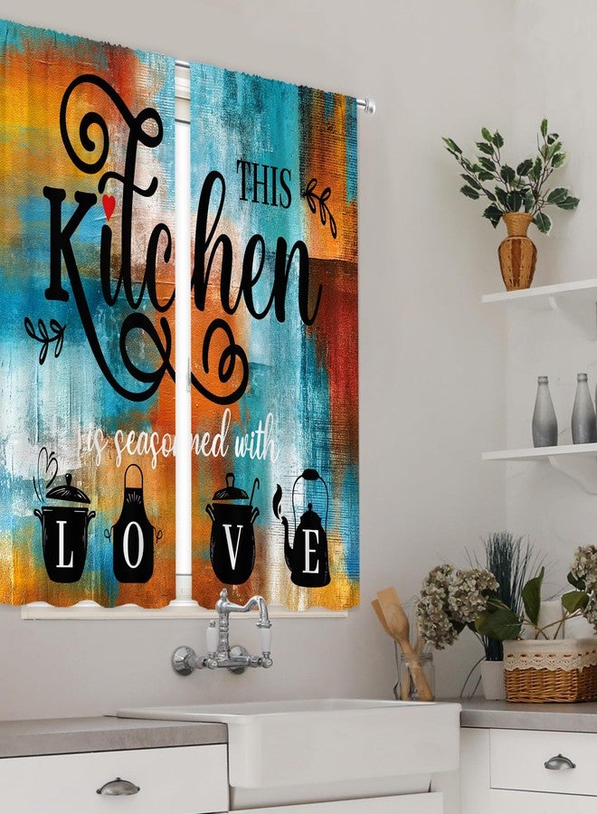 MESHELLY Brown Blue Abstract Kitchen Curtains 27.5Wx39H Inch Rod Pocket Rust Burnt Orange Teal Quotes Modern Contemporary Bedroom Window Drapes Neutral Painting Printed Living Room Window Treatment - Image 4