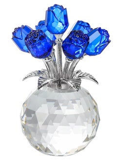 Excefore Crystal Blue Rose Flower Figurine, with Round Vase, Handmade Crystal Flower Figurine, Home Table Bouquet Flowers Decor Figurines  - Image 1