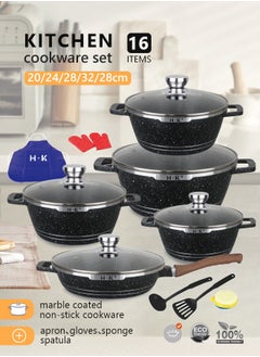 HK 16-piece kitchen cookware set, casserole set and frying pan, with non-stick cookware set, glass lid, PFOA-free  20-24-28-32cm Casserole + 28cm Frying pan + 6 Kichen item(Black）  - Image 1