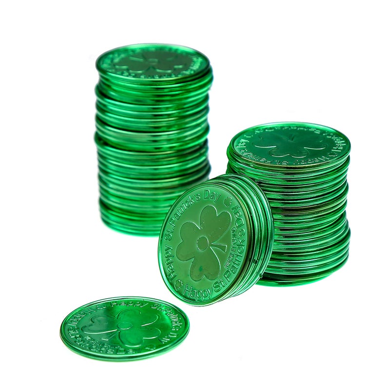CCINEE St. Patrick's Lucky Coins Plastic Shamrock Leprechaun 3-Leaf Clover Coins for Party Decoration Favors  144pcs/Gold and Green - Image 4