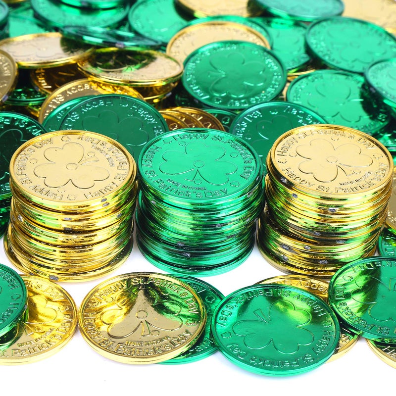 CCINEE St. Patrick's Lucky Coins Plastic Shamrock Leprechaun 3-Leaf Clover Coins for Party Decoration Favors  144pcs/Gold and Green - Image 2
