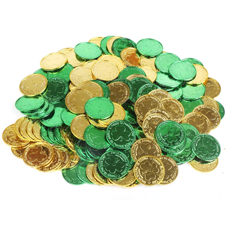 CCINEE St. Patrick's Lucky Coins Plastic Shamrock Leprechaun 3-Leaf Clover Coins for Party Decoration Favors  144pcs/Gold and Green - Image 1