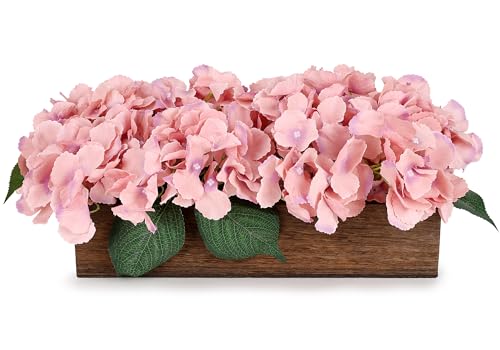 Scawim Spring Flower Table Centerpiece, Fake Hydrangea Arrangements Centerpieces Artificial Flowers Decor Wood Tray with Faux Flower Wedding Bouquets Room Kitchen Farmhouse Indoor Office Party(Pink) - Image 1