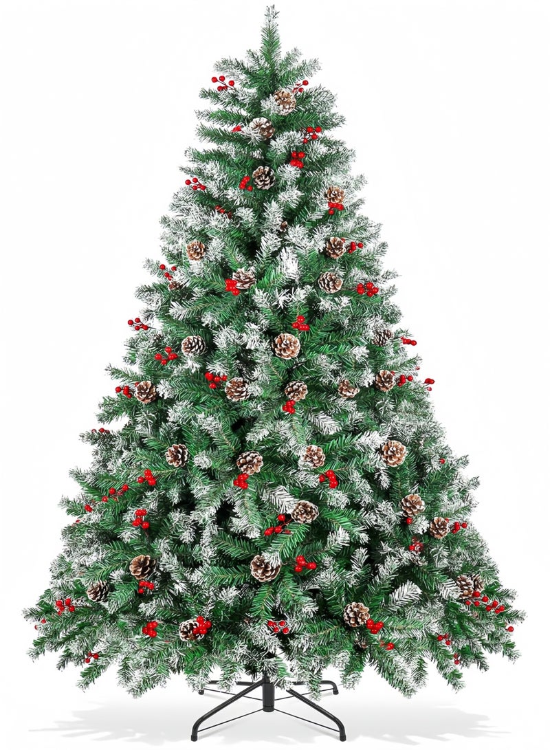 GGEROU 210cm Snowy Artificial Christmas Tree, Snow Flocked Artificial Trees with Pine Cones Berries Pre-Decorated, 1050 Frosted Branch Tip - Image 1