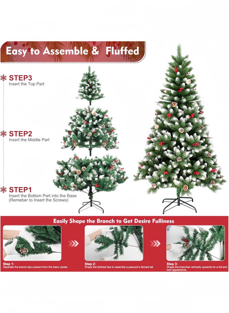 GGEROU 210cm Snowy Artificial Christmas Tree, Snow Flocked Artificial Trees with Pine Cones Berries Pre-Decorated, 1050 Frosted Branch Tip - Image 4