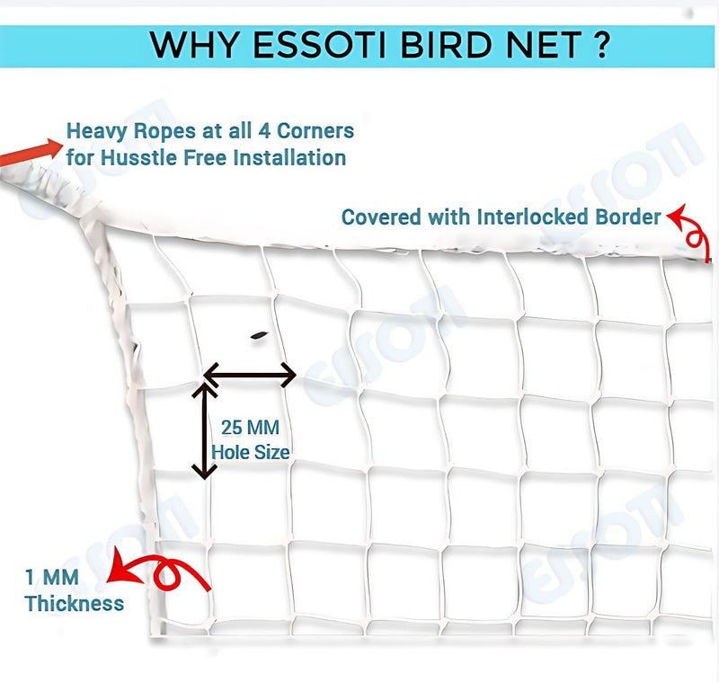 Essoti Uv Stabilized Bird Net/Anti Bird Net/Pigeon Net / (6 X 4Ft)-25Mm Hole15 Ply With Attached Corner Ropes & Installation Kit/Size- (6X4Ft) - White - Image 3