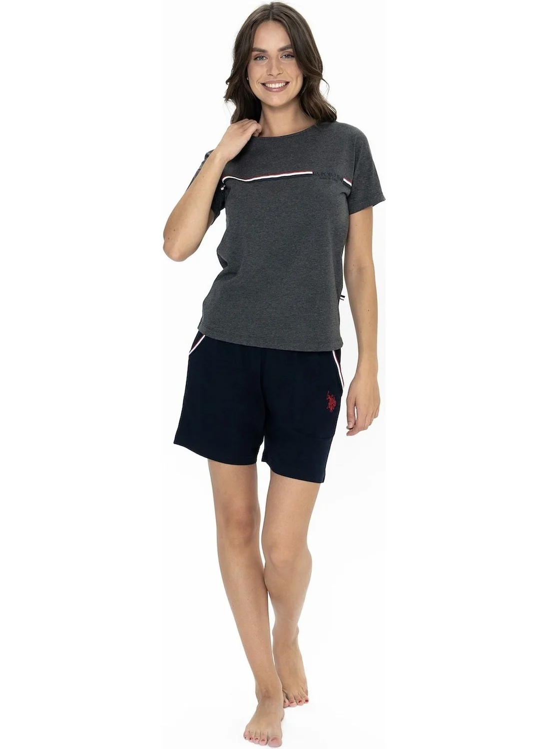 يو اس بولو اسن 20001 Women's Short Sleeve Crew Neck Shorts Pajama Set-Anthracite Melange