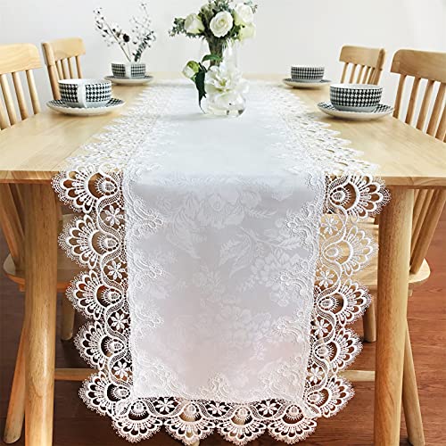 BrekSdat Rectangle Table Runner White Embroidered Lace 16 x 35 Inches Wedding Dining Table Dresser Scarf with Carnation Lace Fabric Washable for Kitchen Coffee End - Image 2