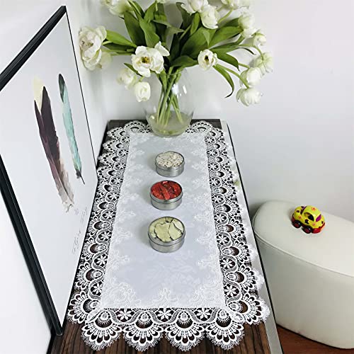 BrekSdat Rectangle Table Runner White Embroidered Lace 16 x 35 Inches Wedding Dining Table Dresser Scarf with Carnation Lace Fabric Washable for Kitchen Coffee End - Image 1