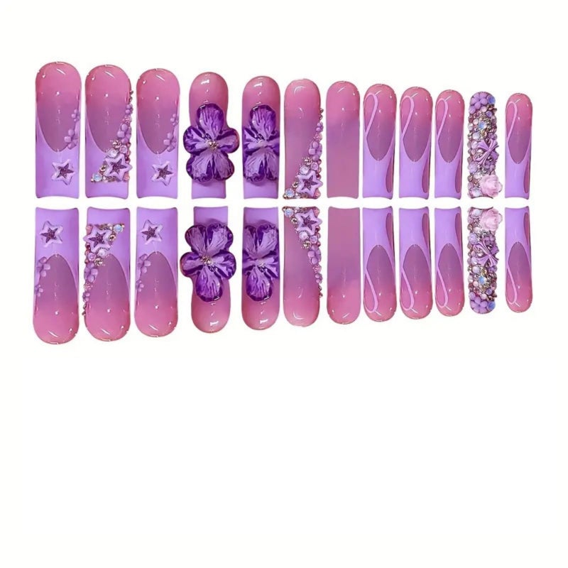 SEENEEY Long Press on Nails Square Fake Nails SEENEEY French Artificial Nail with Purple Floral and Rhinestones Designs Cute Stick on Nail for Women 24pcs - Image 3