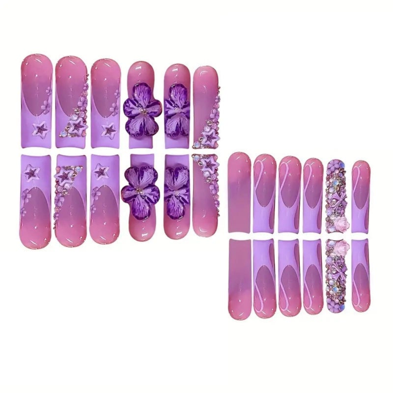 SEENEEY Long Press on Nails Square Fake Nails SEENEEY French Artificial Nail with Purple Floral and Rhinestones Designs Cute Stick on Nail for Women 24pcs - Image 4