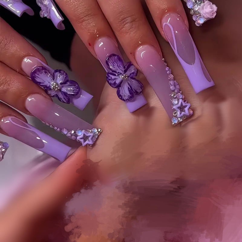 SEENEEY Long Press on Nails Square Fake Nails SEENEEY French Artificial Nail with Purple Floral and Rhinestones Designs Cute Stick on Nail for Women 24pcs - Image 1