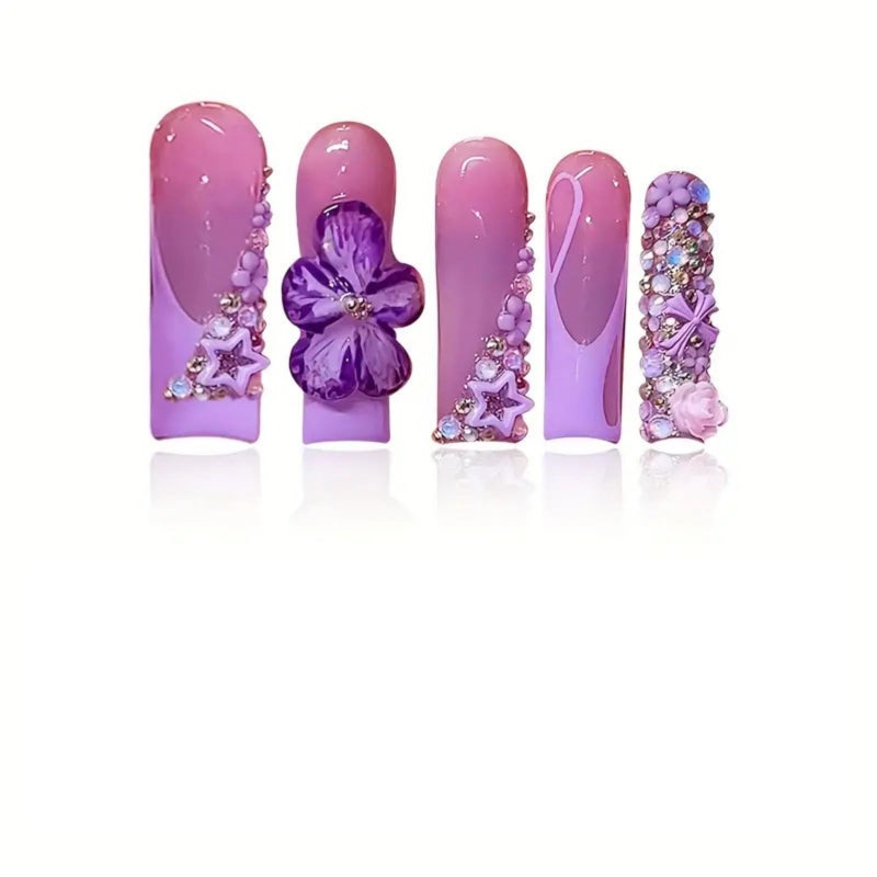 SEENEEY Long Press on Nails Square Fake Nails SEENEEY French Artificial Nail with Purple Floral and Rhinestones Designs Cute Stick on Nail for Women 24pcs - Image 2
