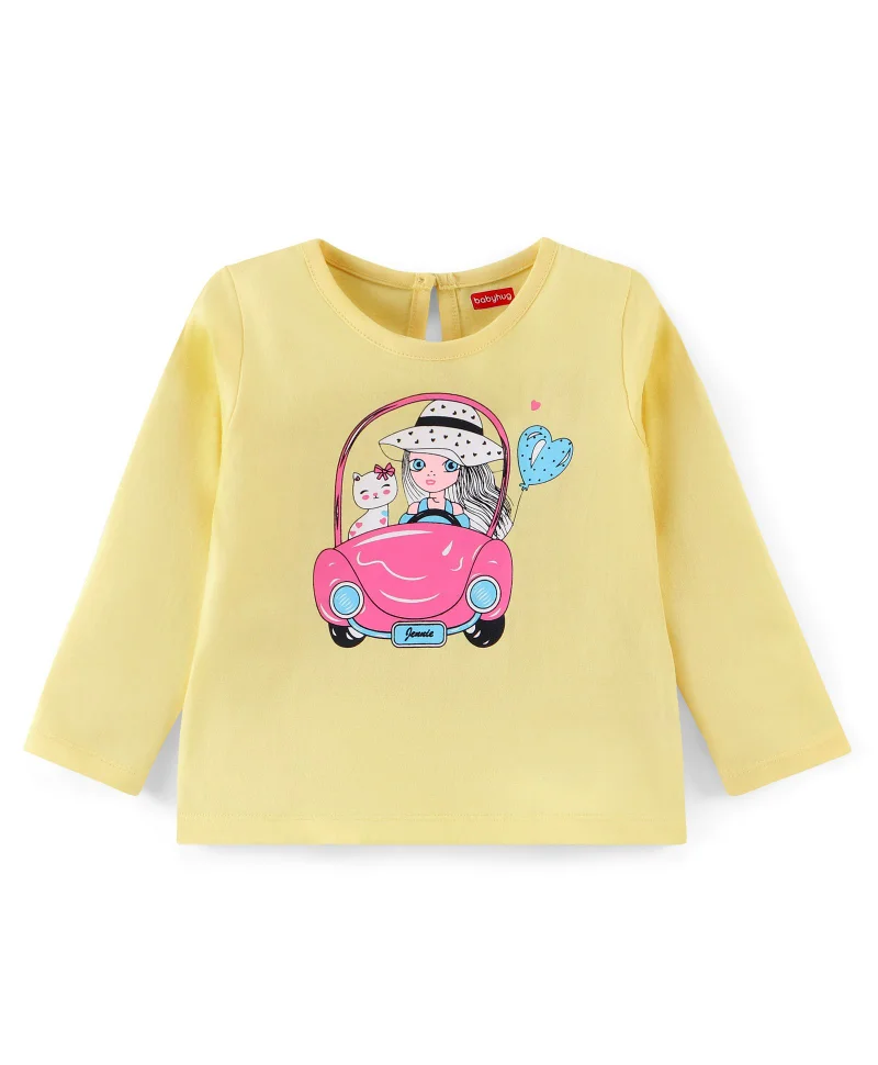 babyhug Babyhug 100% Cotton Knit Full Sleeves T-Shirt with Doll Graphics - Yellow