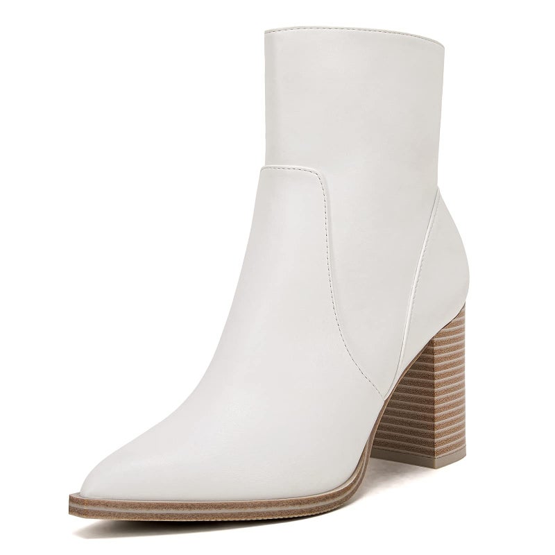 LAICIGO Women's Pointed Toe Ankle Boots Chunky Stacked Heel Side Zipper Faux Leather Ankle Booties, White, Size 6.5 - Image 1