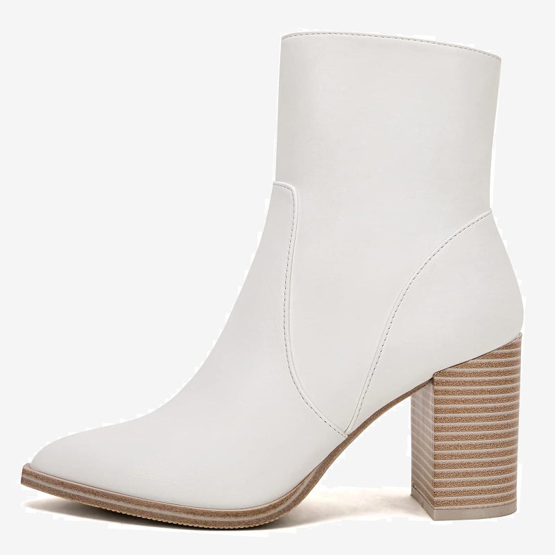 LAICIGO Women's Pointed Toe Ankle Boots Chunky Stacked Heel Side Zipper Faux Leather Ankle Booties, White, Size 6.5 - Image 4