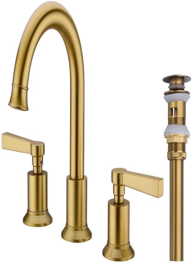 TRUSTMI 2 Handle 8 Inch Widespread Bathroom Faucet Brass Lavatory Vanity Sink Faucet with Metal Overflow Pop Up Drain and cUPC Water Supply Lines, Brushed Brass Gold - Image 1