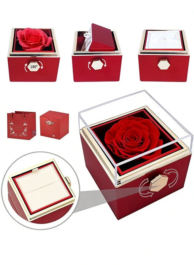 Rotatable Square Preserved Rose Jewelry Box with Clear Acrylic Lid, Complete Matching Gift Bag Set for Valentine’s Day, Birthday and Anniversary Gifts for Partners and Female Family - Image 1